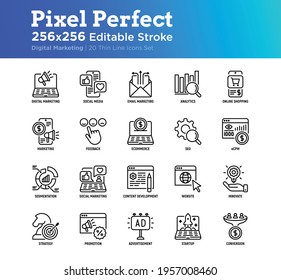 Digital marketing thin line icon set. Social media, advertising, e-mail marketing, e-commerce, online shopping, conversion, start up, promotion. Pixel perfect, editable stroke. Vector illustration