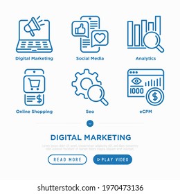 Digital marketing thin line icon set. Social media marketing, analytics, SEO, e-commerce, online shopping. Pixel perfect, editable stroke. Vector illustration