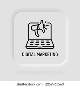 Icono de línea delgada de marketing digital. Abre el portátil con megáfono. Publicidad en medios sociales. Estrategia en línea para promoción. Trazo perfecto y editable. Ilustración vectorial.