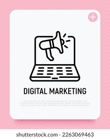Digital marketing thin line icon. Open laptop with megaphone. Advertising in social media. Online strategy for promotion. Pixel perfect, editable stroke. Vector illustration.
