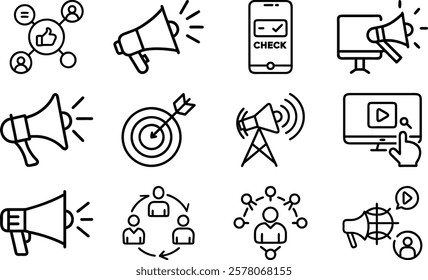 Digital marketing thin line icon set. Containing megaphone, advertising. vector art 