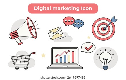 Digital marketing thin line icon set. Containing megaphone, advertising, online video, media social, mobile, goal or target, communication, influence, campaign, public. Vector illustration.