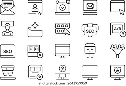 Digital Marketing Thin Line Icons Set. SEO, Social Media, Analytics, Advertising. Editable Stroke. Vector Illustration