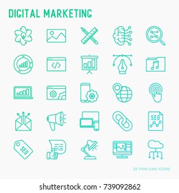 Digital marketing thin line icons set: searching idea, development, optimization, management, communication. Vector illustration for banner, web page, print media.