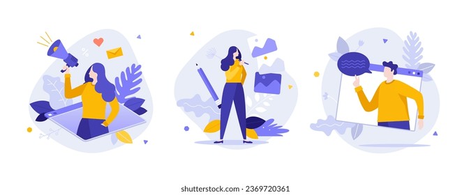 Digital marketing tools flat concept vector illustrations set. Online advertising campaign strategy cartoon composition. Attracting potential customers on internet idea for website, presentation