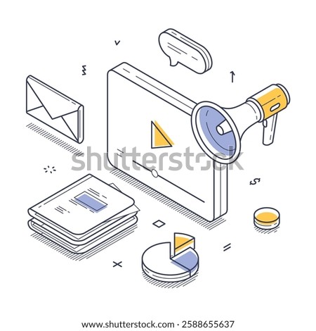 Digital marketing tools like a megaphone, charts, documents, and messages, emphasizing the importance of communication in marketing strategies. Modern isometric line art vector illustration