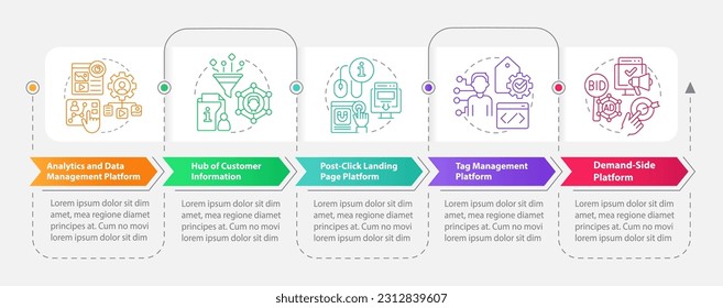 Digital marketing tools rectangle infographic template. Data visualization with 5 steps. Editable timeline info chart. Workflow layout with line icons. Myriad Pro-Bold, Regular fonts used