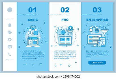 Digital marketing tools subscription onboarding mobile web pages vector template. Responsive smartphone website interface idea, linear illustrations. Webpage walkthrough step screens. Color concept