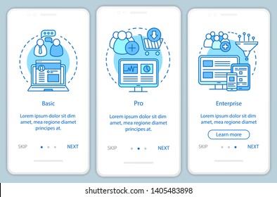 Digital marketing tools subscription onboarding mobile app page screen with linear concepts. Three walkthrough steps graphic instructions. Basic tariff. UX, UI, GUI vector template with illustrations