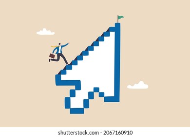 Digital Marketing Or Digital Transformation, Seo, Online Technology Or Internet To Achieve Business Success Concept, Smart Businessman Walk Up Computer Mouse Pointer As Staircase To Reach Goal.