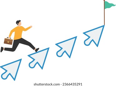 
Digital marketing or digital transformation, seo, online technology or internet to achieve business success, Walk up computer mouse pointer, Staircase to reach goal

