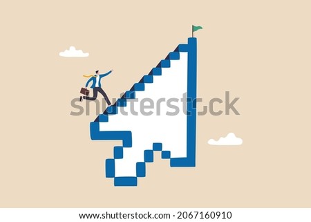Digital marketing or digital transformation, seo, online technology or internet to achieve business success concept, smart businessman walk up computer mouse pointer as staircase to reach goal.