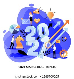 Digital marketing trends, strategy and business plan for 2021 new year. Expectation and perspective concept. Vector flat cartoon illustration for web landing page banner or poster design template