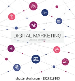 Digital marketing trendy web template with simple icons. Contains such elements as internet, Marketing research, Social campaign