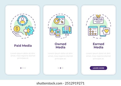 Digital marketing trifecta onboarding mobile app screen. Walkthrough 3 steps editable graphic instructions with linear concepts. UI, UX, GUI template