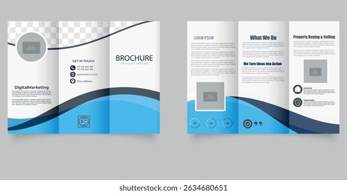 Digital Marketing Trifold Brochure Template Blue Wave Business Layout. Creative trifold brochure template with blue wave design and professional layout. Fully editable and print-ready.