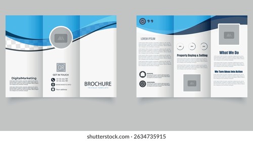 Digital Marketing Trifold Brochure Template. Blue Wave Business Layout. Fully editable and print-ready.