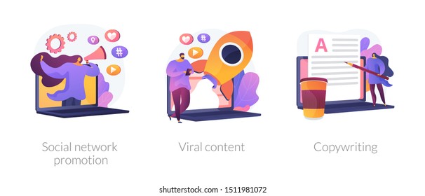 Digital marketing types icons set. SMM, influencer online advertising. Social network promotion, viral content, copywriting metaphors. Vector isolated concept metaphor illustrations.