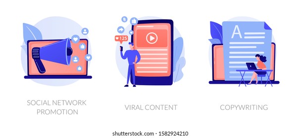 Digital marketing types icons set. SMM, influencer online advertising. Social network promotion, viral content, copywriting metaphors. Vector isolated concept metaphor illustrations.