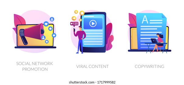 Digital marketing types icons set. SMM, influencer online advertising. Social network promotion, viral content, copywriting metaphors. Vector isolated concept metaphor illustrations.