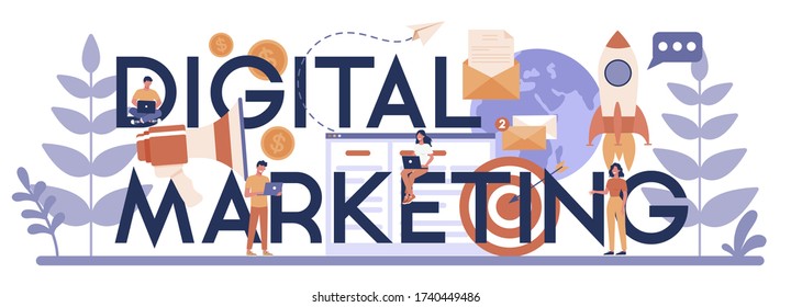 Digital marketing typographic header concept. Business promotion, customer communication and product advertising through social networks. SEO, SEM. Flat vector illustration