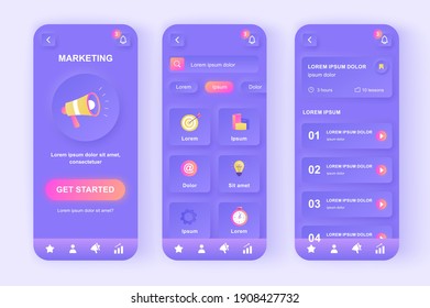 Digital marketing unique neomorphic design kit. Business analysis, content strategy, research and management. SMM solution UI UX templates set. Vector illustration of GUI for responsive mobile app.