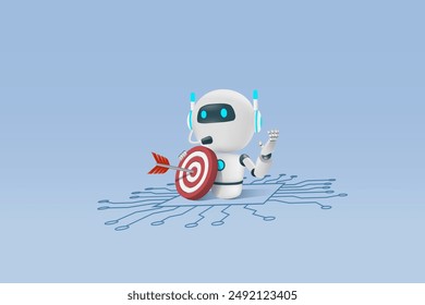 Digital marketing using AI artificial intelligence in business target. Chat robot hold red target arrow on electronic circuit board. Implement of robotic data analysis research in business. 3D vector.