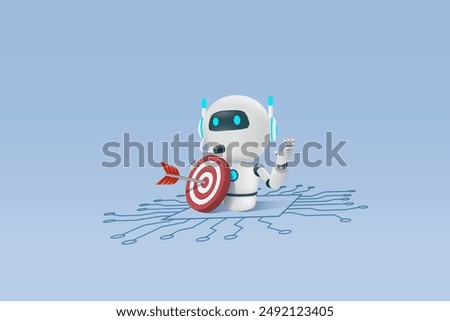 Digital marketing using AI artificial intelligence in business target. Chat robot hold red target arrow on electronic circuit board. Implement of robotic data analysis research in business. 3D vector.