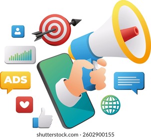digital marketing vector banner with megaphone image, ads icon, promo and discount