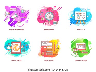 Digital marketing vector, computer with application for web design and management flat style. Infocharts and analytics whiteboard with information