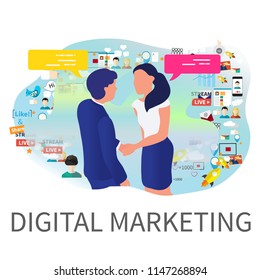 Digital marketing vector concept. Businessman shaking hand businesswoman. People shaking hands. Social media icons, rocket ship, bird, mail, smart phone. Vector illustration
