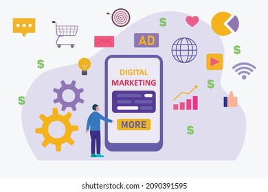 Concepto de vector de marketing digital. Joven que usa aplicaciones de marketing digital en el teléfono móvil mientras apoya
