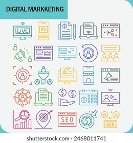 Paquete de iconos de diseño de Vector de marketing digital para marketing empresarial 