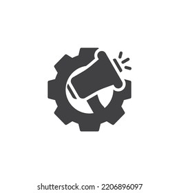Icono vector de marketing digital. Megáfono y engranaje rellenaron el signo plano para el concepto móvil y el diseño web. Anuncio, icono de glifo publicitario. Símbolo, ilustración del logotipo. Gráficos vectoriales