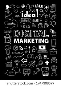 Das digitale Marketing Vektor Symbol wird auf schwarzem Hintergrund gesetzt. Handgezeichnete Symbole für das Doodbusiness und die Kommunikation