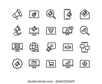 Digital Marketing Vector Icon Set | Adjustable Line Weight | Megaphone, target, analytics, email, social media, video, A|B test, campaign, optimization, presentation, mobile marketing