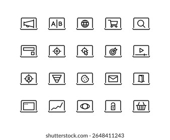 Conjunto de ícones do vetor de marketing digital | Espessura ajustável da linha | Alvo, conversão, e-mail, análise, e-commerce, campanha, SEO, SEM, segurança, cookie, usuário, ícones de rastreamento