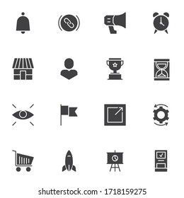 Digital Marketing Vektorsymbole Set, moderne solide Symbolsammlung, gefülltes Piktogrammpaket. Zeichen, Logo-Illustration. Set enthält Symbole wie Werbung, soziale Medien, Werbung, Unternehmenslösung