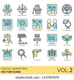 Digital marketing vector icons. Social campaign, system, create content, driving data, responsive website, research, strategy, production, refinement, native advertising, seo, growth hacking, media.