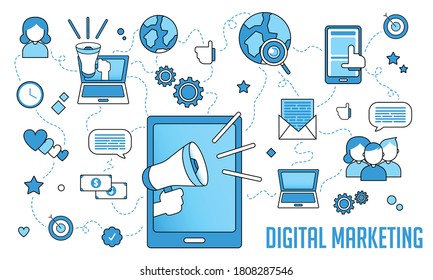 Marketing digital. Fondo de ilustración vectorial del marketing digital con elementos de doodles. Concepto de marketing digital.