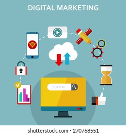 Digital marketing, vector illustration with computer and business elements in flat style