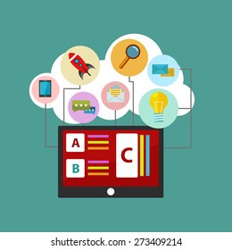 Digital marketing, vector illustration with computer and business elements in flat style