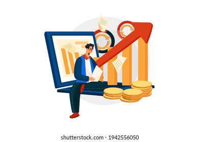 Concepto de Ilustración de vectores de marketing digital. Hombre analizando datos, Ilustración plana aislada en fondo blanco.