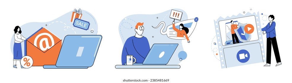 Digital marketing vector illustration. Content marketing is effective approach for engaging and attracting online consumers Distribution channels play vital role in success online marketing campaigns