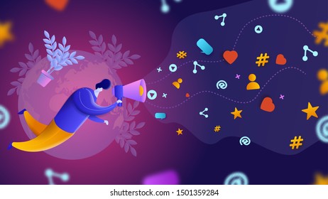 Digital marketing vector illustration. A man with a big mouthpiece engages in brand promotion on social networks. Attracting likes, share and repost sign. Blogger get followers, likes and feedback. So