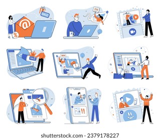 Digital marketing vector illustration. The digital marketing metaphor portrays online marketing as vast ocean possibilities Occupations in digital marketing require diverse skill set and adaptability