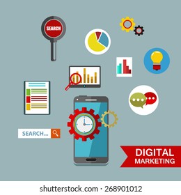 Digital marketing, vector illustration with mobile phone and business elements in flat style