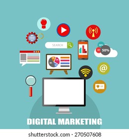 Digital marketing, vector illustration with mobile phone and business elements in flat style