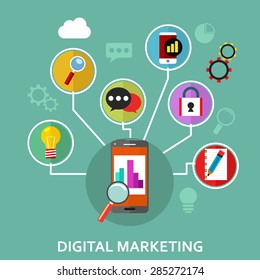 Digital marketing, vector illustration with phone and business infographic elements in flat style