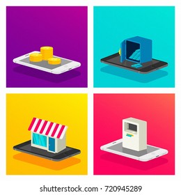 Digital Marketing Vector Illustration Set Collection with Futuristic Elements and Badges Money Coin on Phone ideal for Site, Advertisement, Banner, Badge, Promotion, Card and Cover